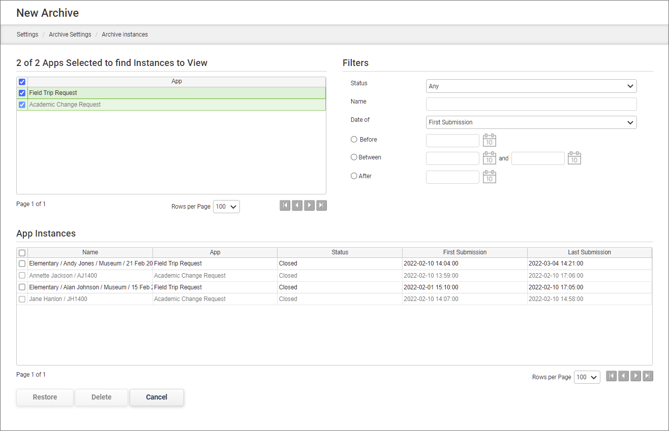 Reviewing Previously Archived Instances - Archived Instances Page