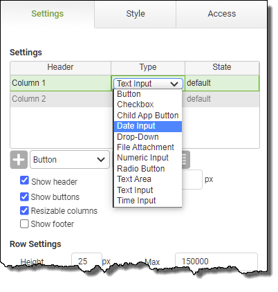 Adding a Table - Type Drop-Down