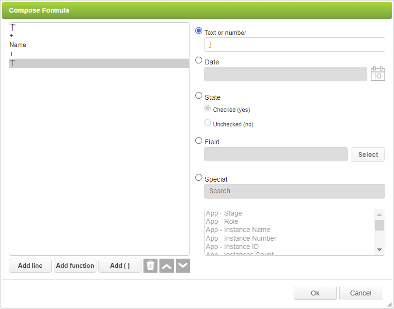 Compose Formula Dialog - Name in Brackets Example