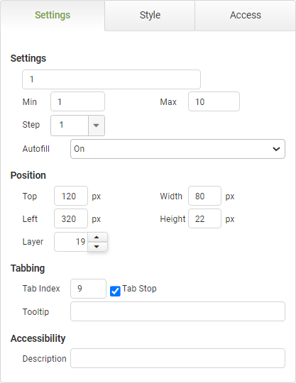 Numeric Stepper Settings