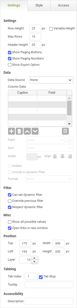 Data List Settings