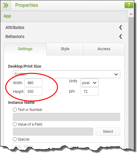 Changing an App Size - Width and Height Fields