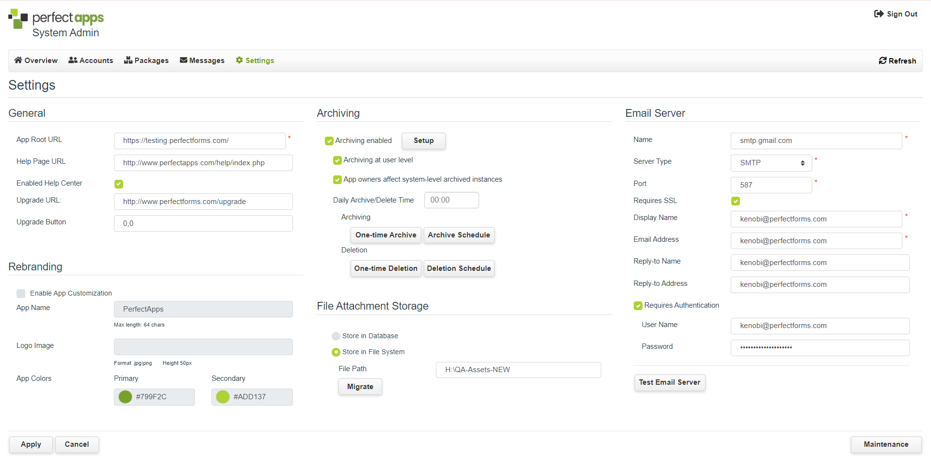 Admin Console Settings Page