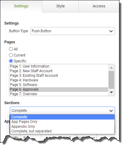 Printing Table Contents - Sections Drop-Down